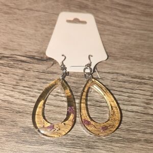 Gold Teardrop Earrings with Purple Accents